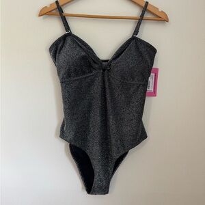 Betsey Johnson Black Metallic Shimmer Front Knot One Piece Swimsuit Bodysuit